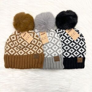 C.C Diamond Print Pom Beanie for Adults, Winter Hats, Premium Hats, Warm Gift